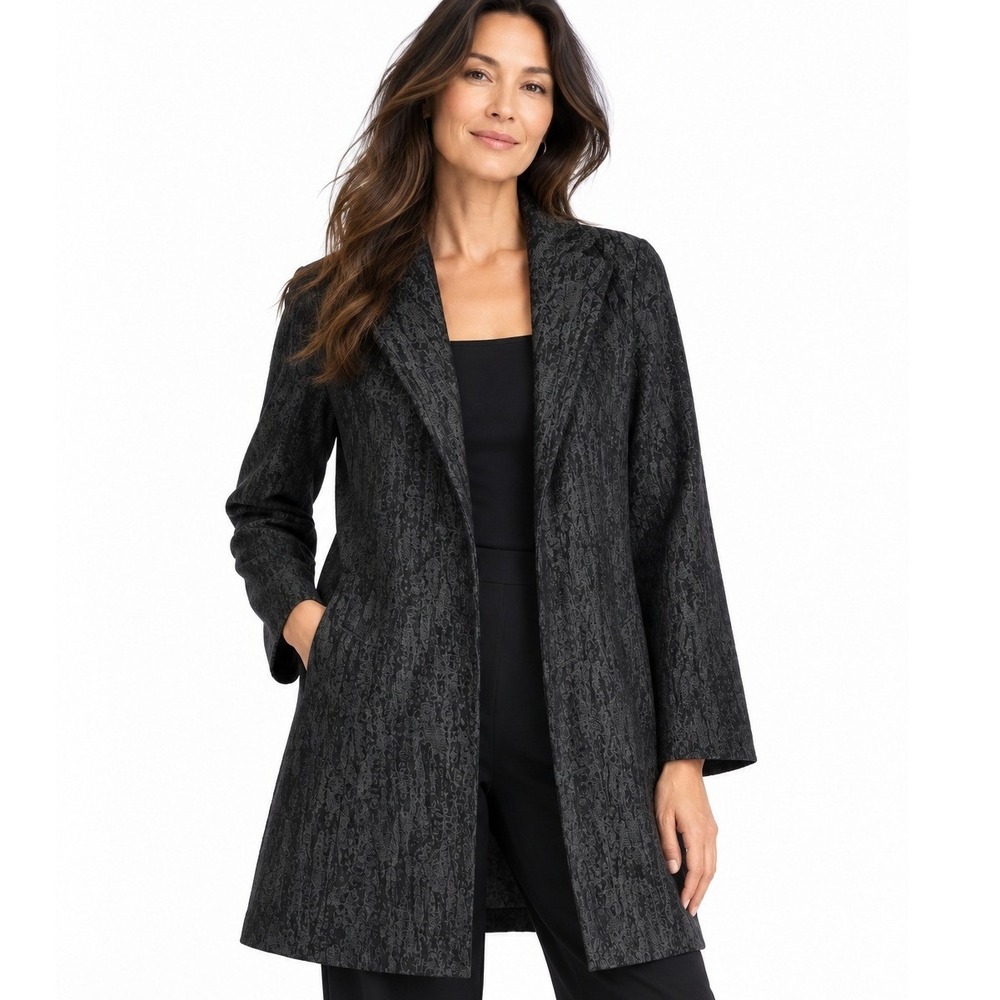 Eileen Fisher Womens XS Jacquard Open Front Jacket Grey Black Blazer